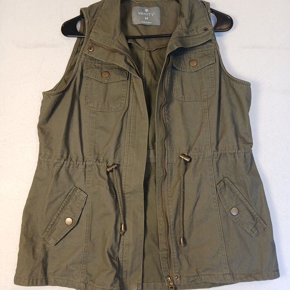 Vanity Jacket Womens M Full Zip Sleeveless Cargo Vest Drawstring Olive NWT